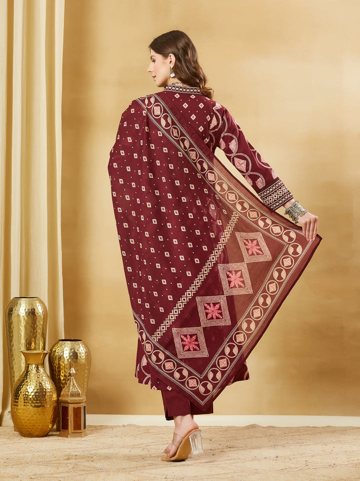 Maroon Floral Print Cotton A-Line Kurta Sets With Dupatta