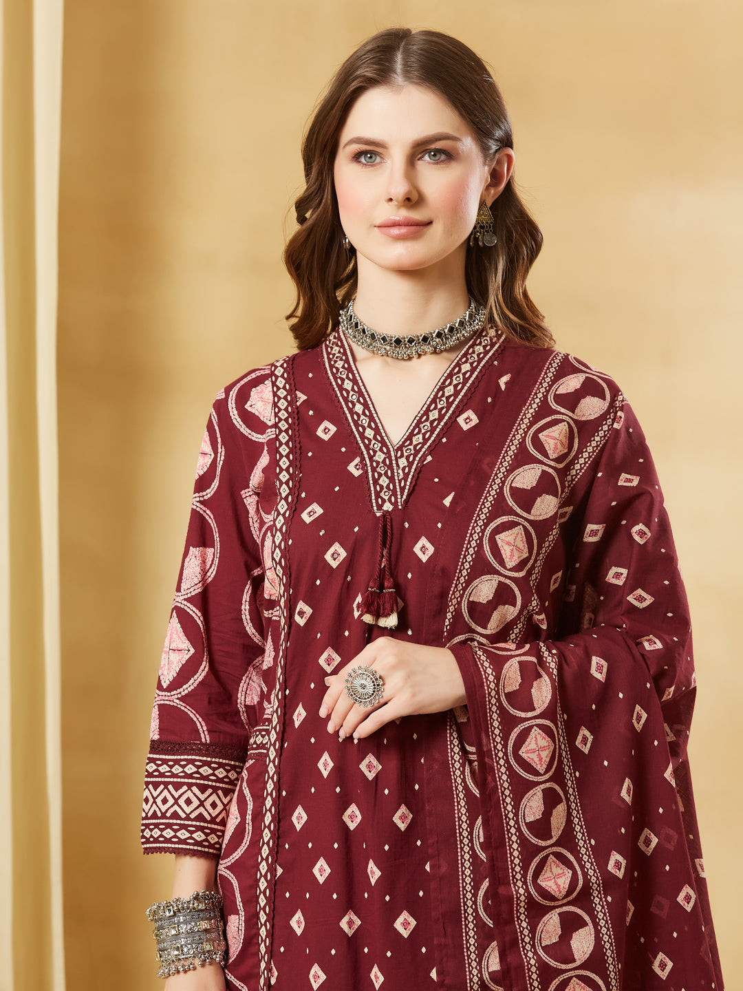 Maroon Floral Print Cotton A-Line Kurta Sets With Dupatta