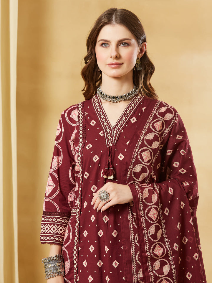 Maroon Floral Print Cotton A-Line Kurta Sets With Dupatta