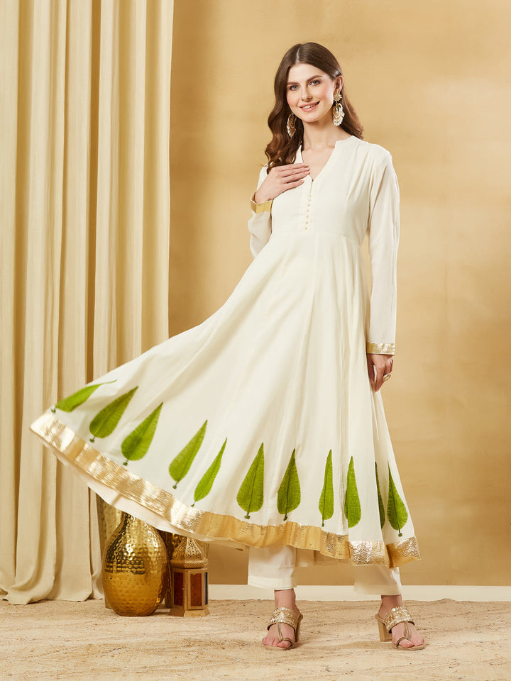 Offwhite Handblock Green Flower Print Anakali Kurta Set