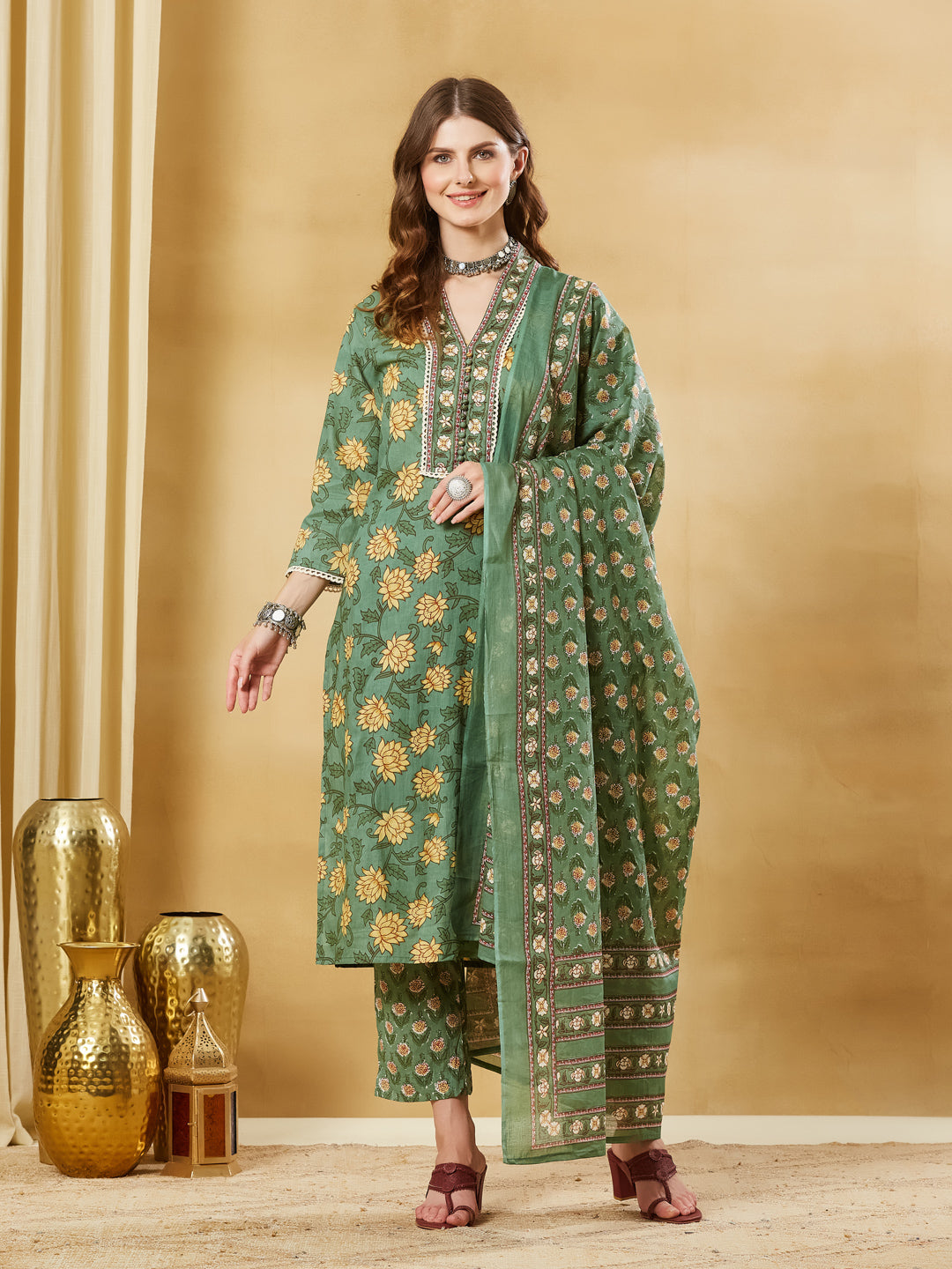 Green A-Line Cotton Kurta Pant Set With Dupatta