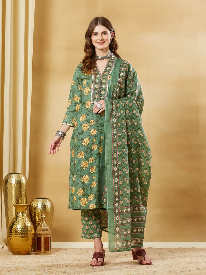 Green A-Line Cotton Kurta Pant Set With Dupatta