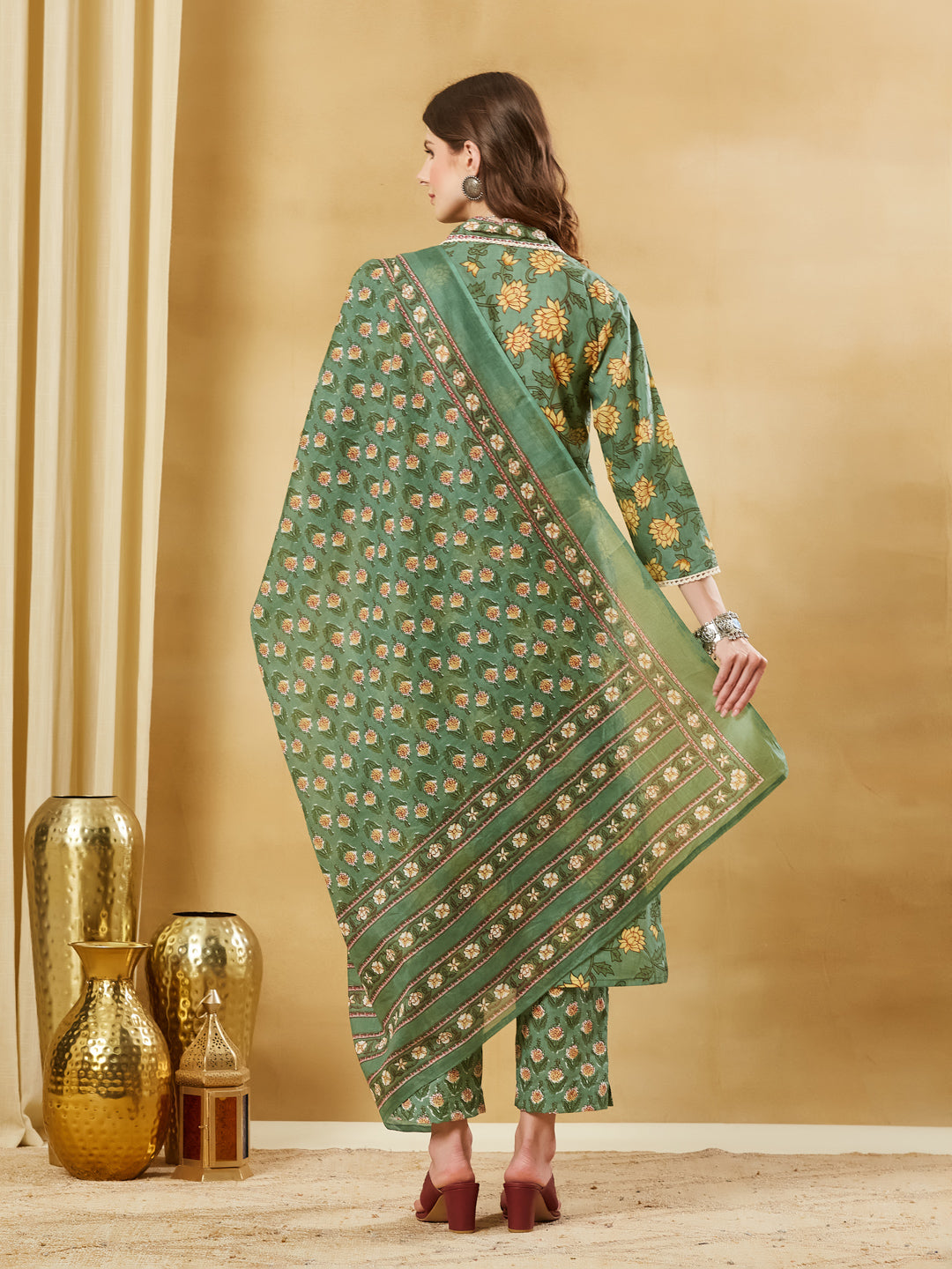 Green A-Line Cotton Kurta Pant Set With Dupatta