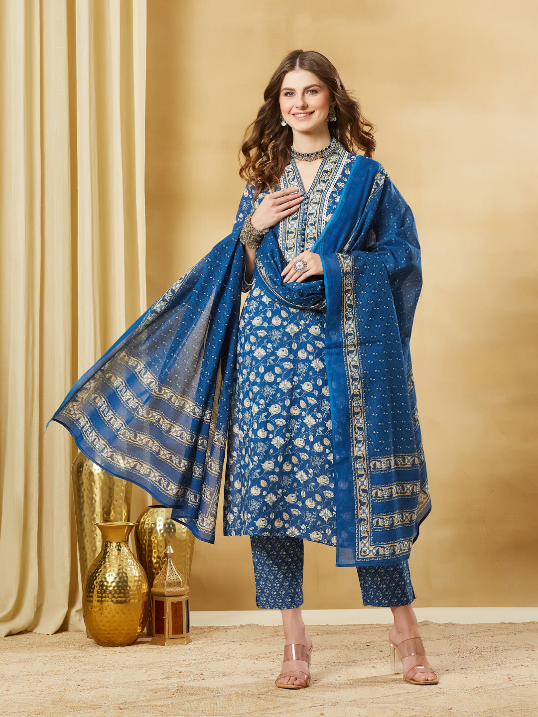 Blue A-Line Cotton Kurta Pant Set With Dupatta