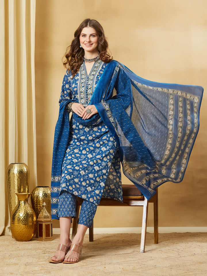 Blue A-Line Cotton Kurta Pant Set With Dupatta