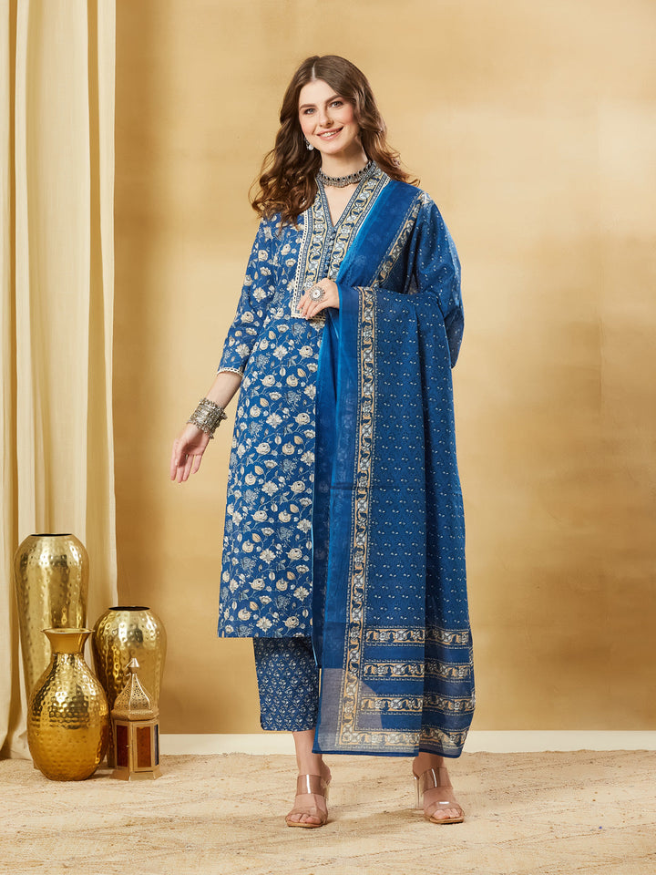 Blue A-Line Cotton Kurta Pant Set With Dupatta
