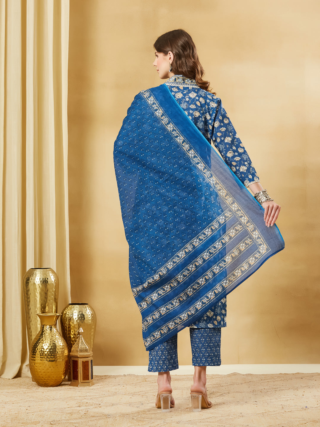 Blue A-Line Cotton Kurta Pant Set With Dupatta