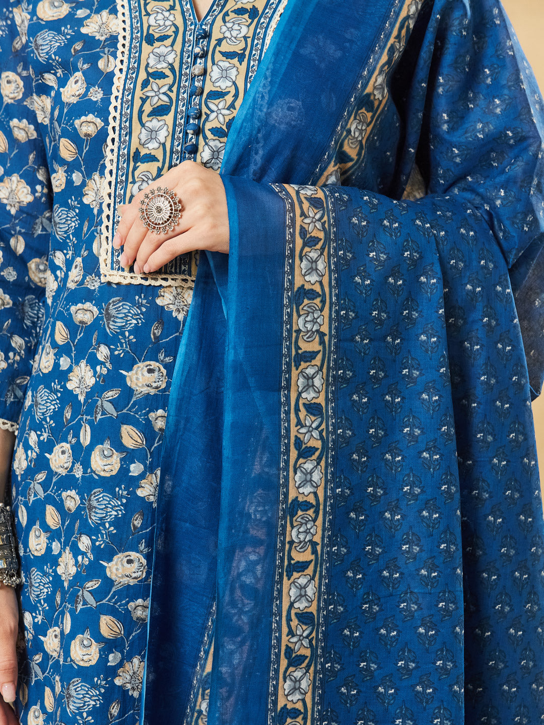 Blue A-Line Cotton Kurta Pant Set With Dupatta