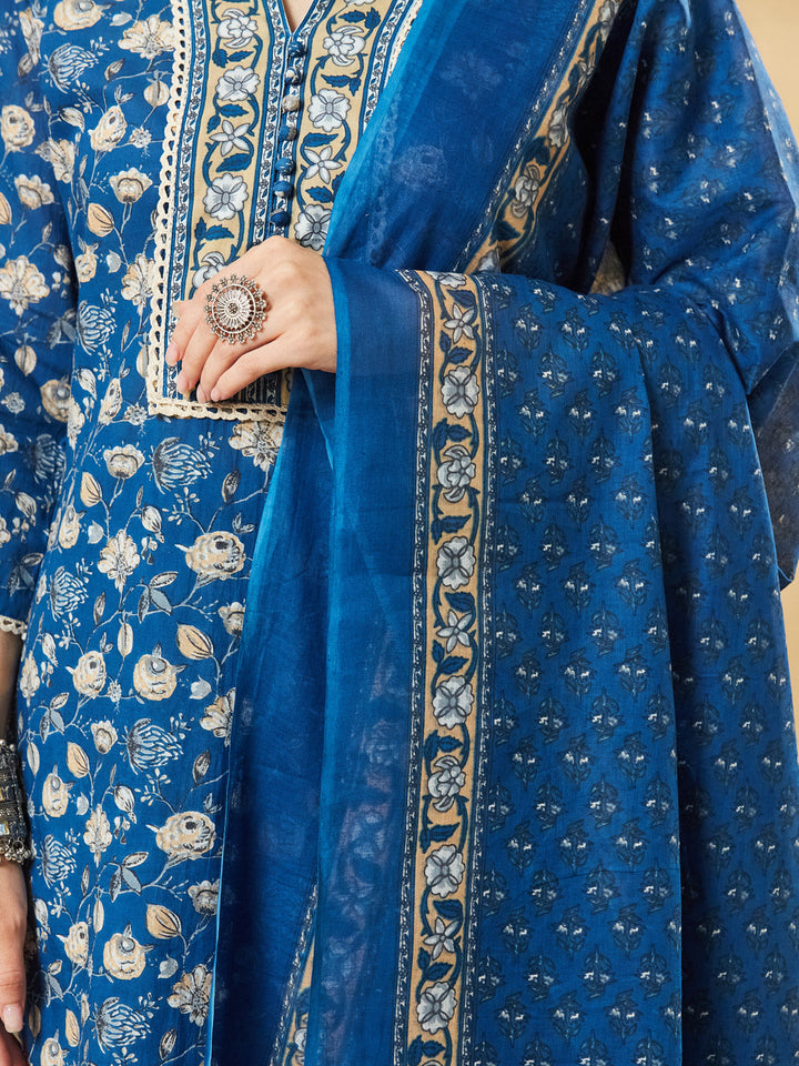 Blue A-Line Cotton Kurta Pant Set With Dupatta