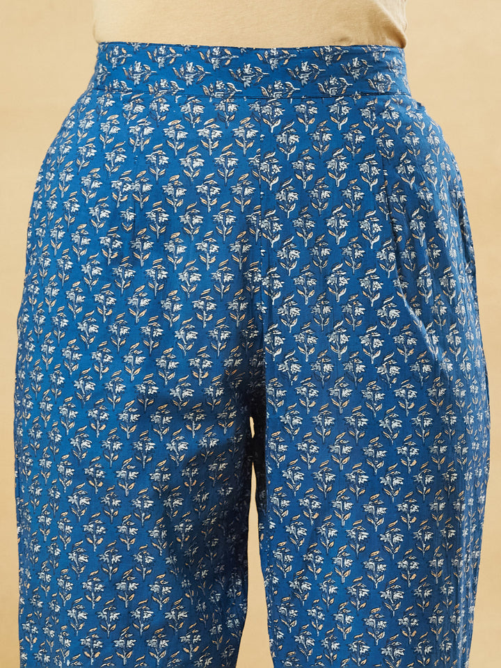 Blue A-Line Cotton Kurta Pant Set With Dupatta