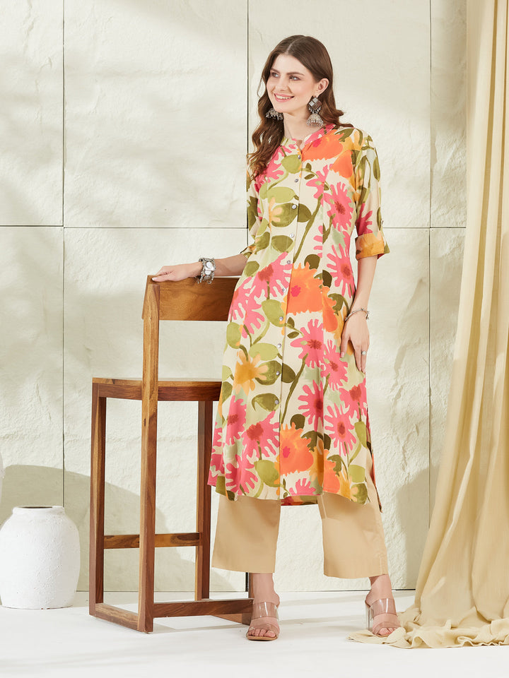 Cream Rayon A-Line Kurta