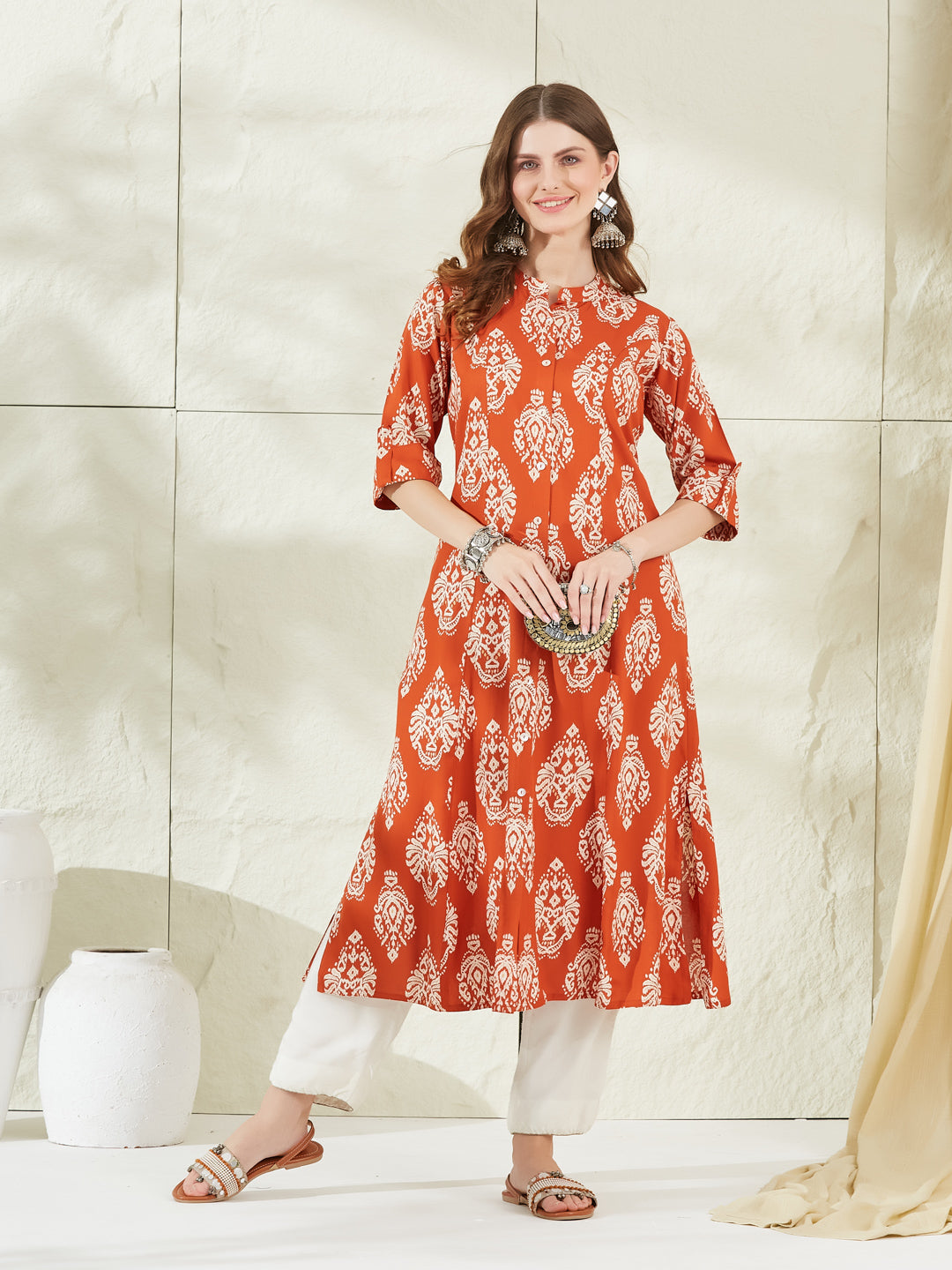 Orange Rayon A-Line Kurta