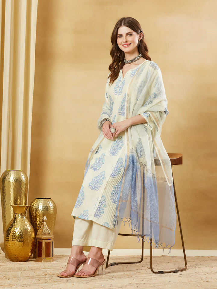 Blue Cotton Zari work Kurta Pant Set With Dupatta