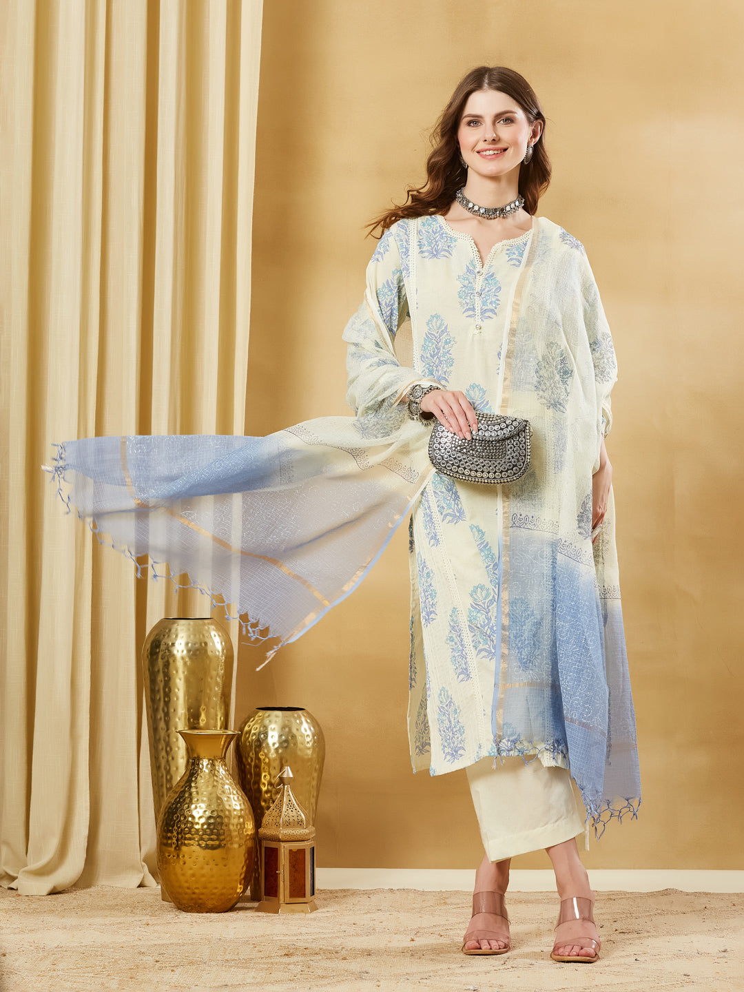 Blue Cotton Zari work Kurta Pant Set With Dupatta