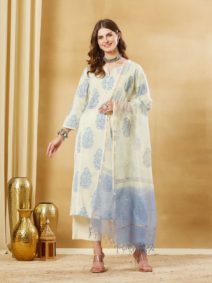 Blue Cotton Zari work Kurta Pant Set With Dupatta