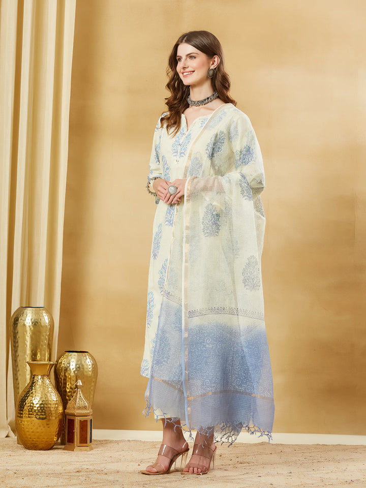 Blue Cotton Zari work Kurta Pant Set With Dupatta