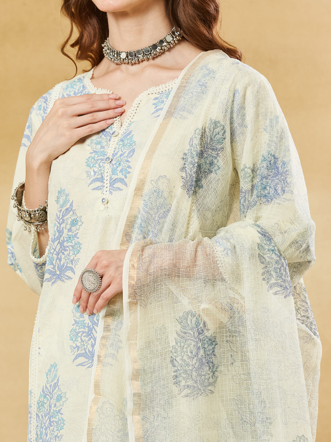 Blue Cotton Zari work Kurta Pant Set With Dupatta