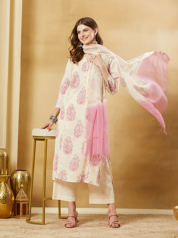 Pink Cotton Zari Work Kurta Pant Set With Dupatta
