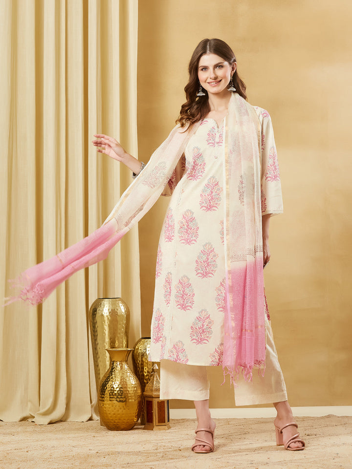 Pink Cotton Zari Work Kurta Pant Set With Dupatta