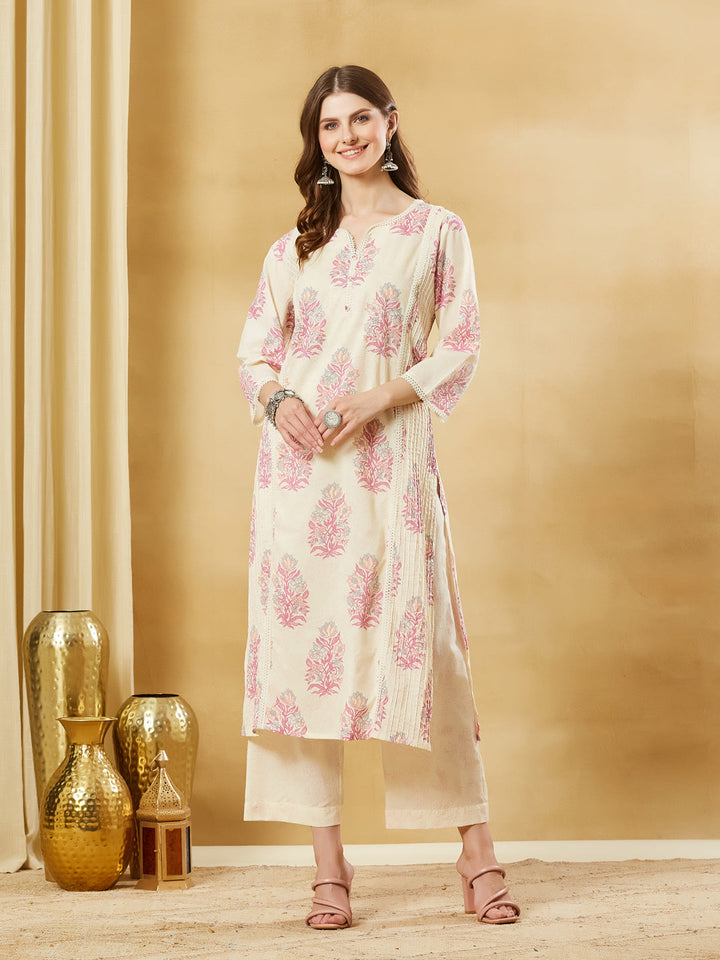 Pink Cotton Zari Work Kurta Pant Set With Dupatta