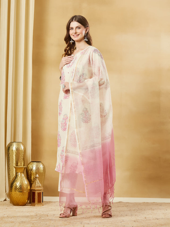Pink Cotton Zari Work Kurta Pant Set With Dupatta