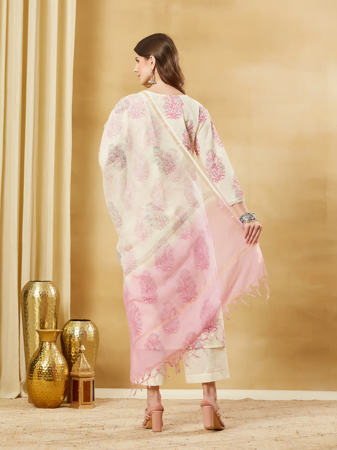Pink Cotton Zari Work Kurta Pant Set With Dupatta