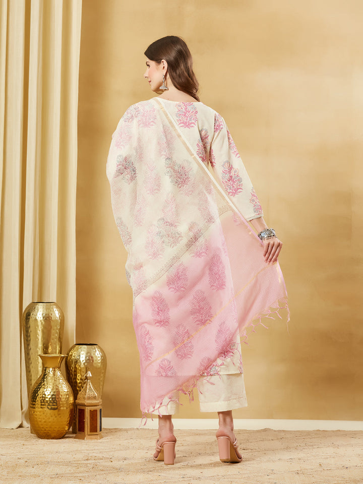 Pink Cotton Zari Work Kurta Pant Set With Dupatta