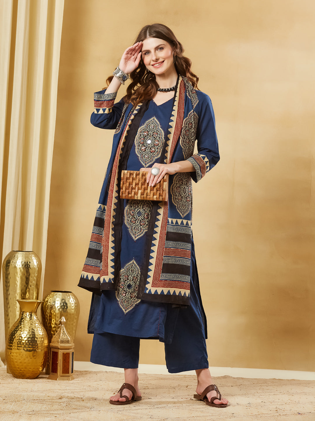 Blue Ajrakh Print with Mirror Work Cotton Kurta Set With Dupatta