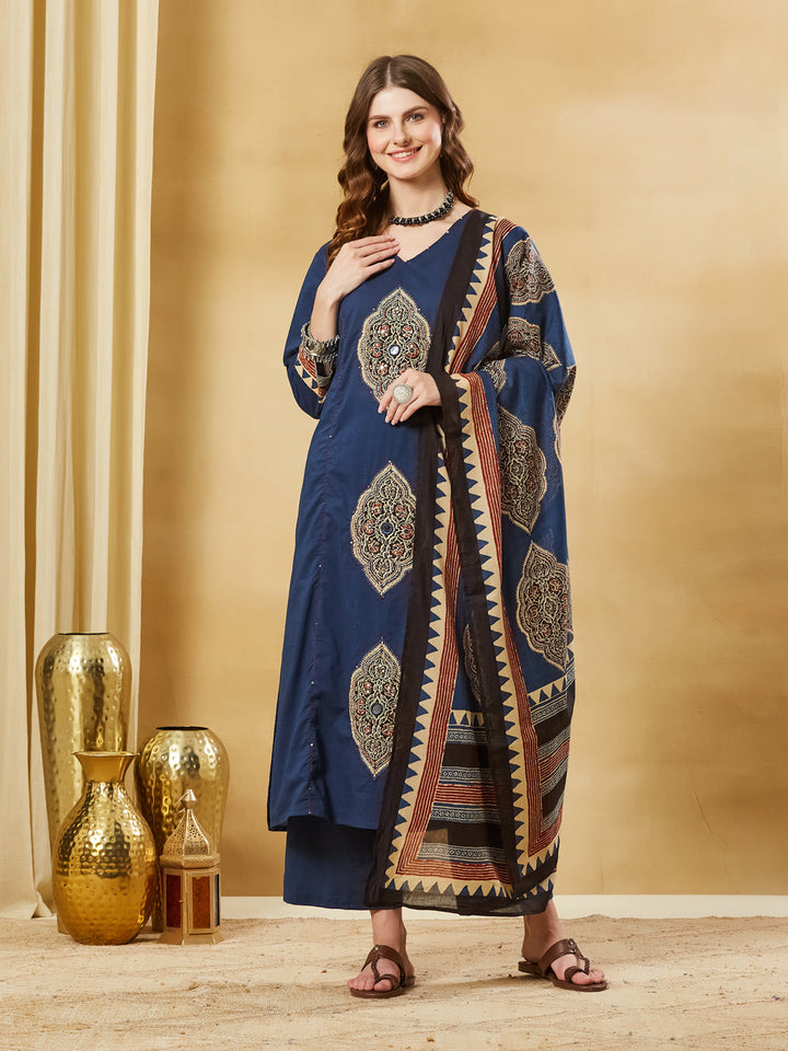 Blue Ajrakh Print with Mirror Work Cotton Kurta Set With Dupatta