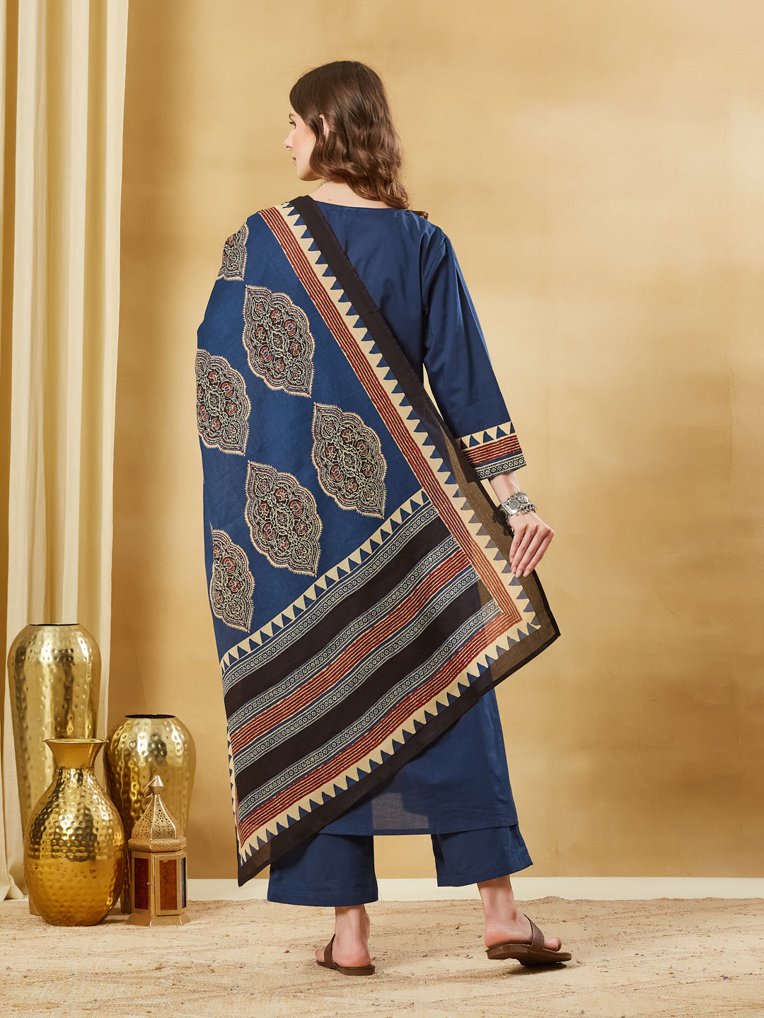 Blue Ajrakh Print with Mirror Work Cotton Kurta Set With Dupatta
