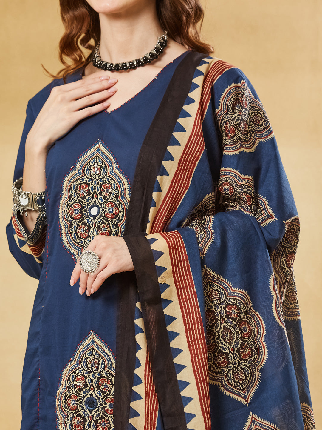Blue Ajrakh Print with Mirror Work Cotton Kurta Set With Dupatta