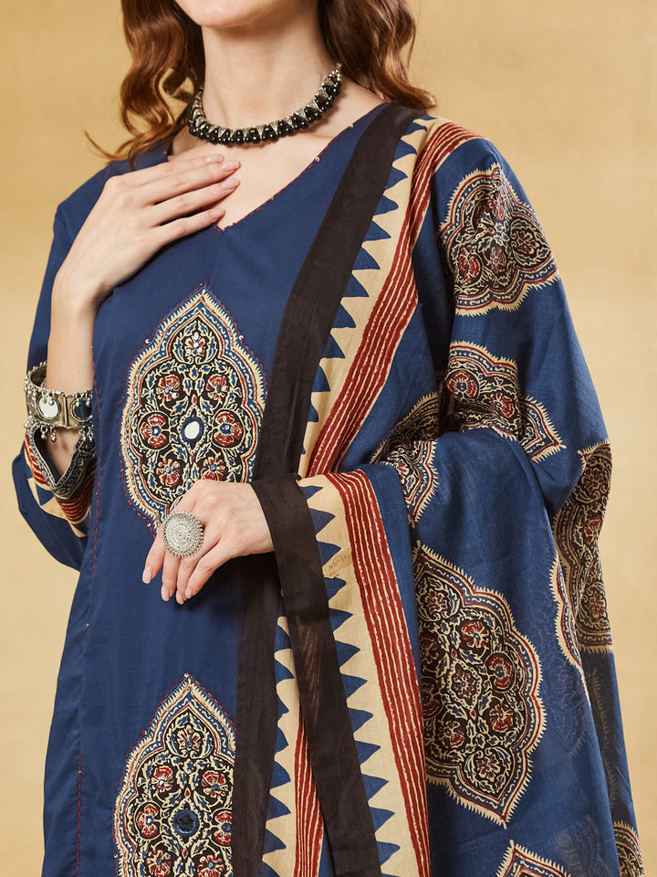 Blue Ajrakh Print with Mirror Work Cotton Kurta Set With Dupatta
