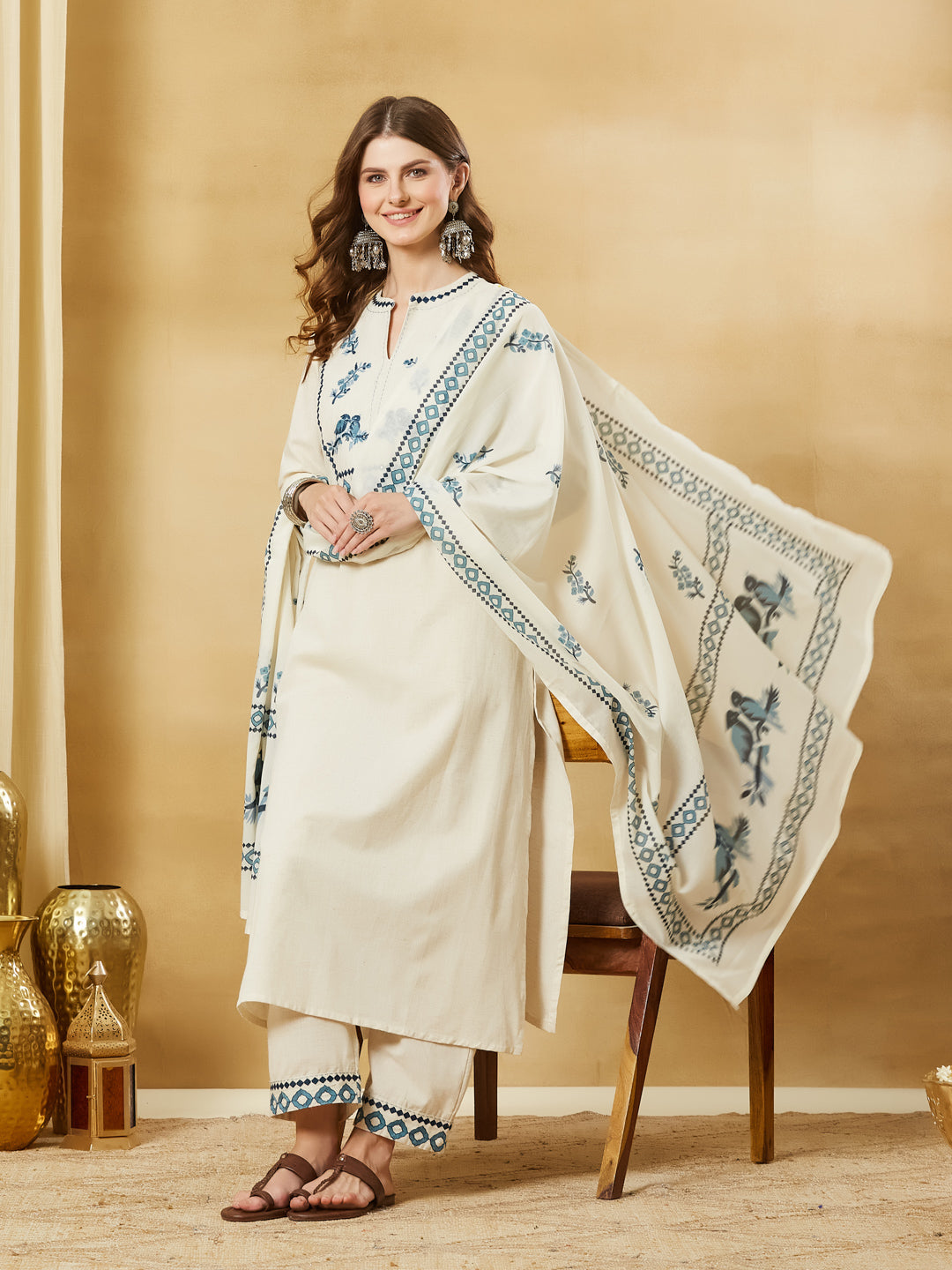 Off White Blue Embroidary Cotton Kurta Pant Set