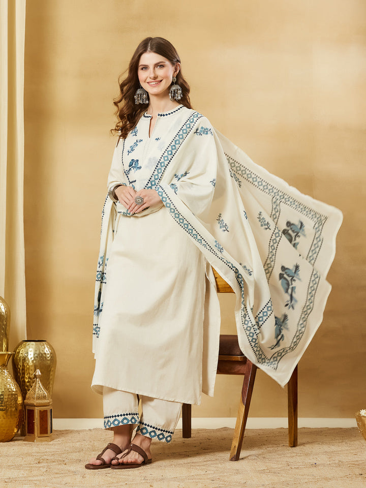 Off White Blue Embroidary Cotton Kurta Pant Set