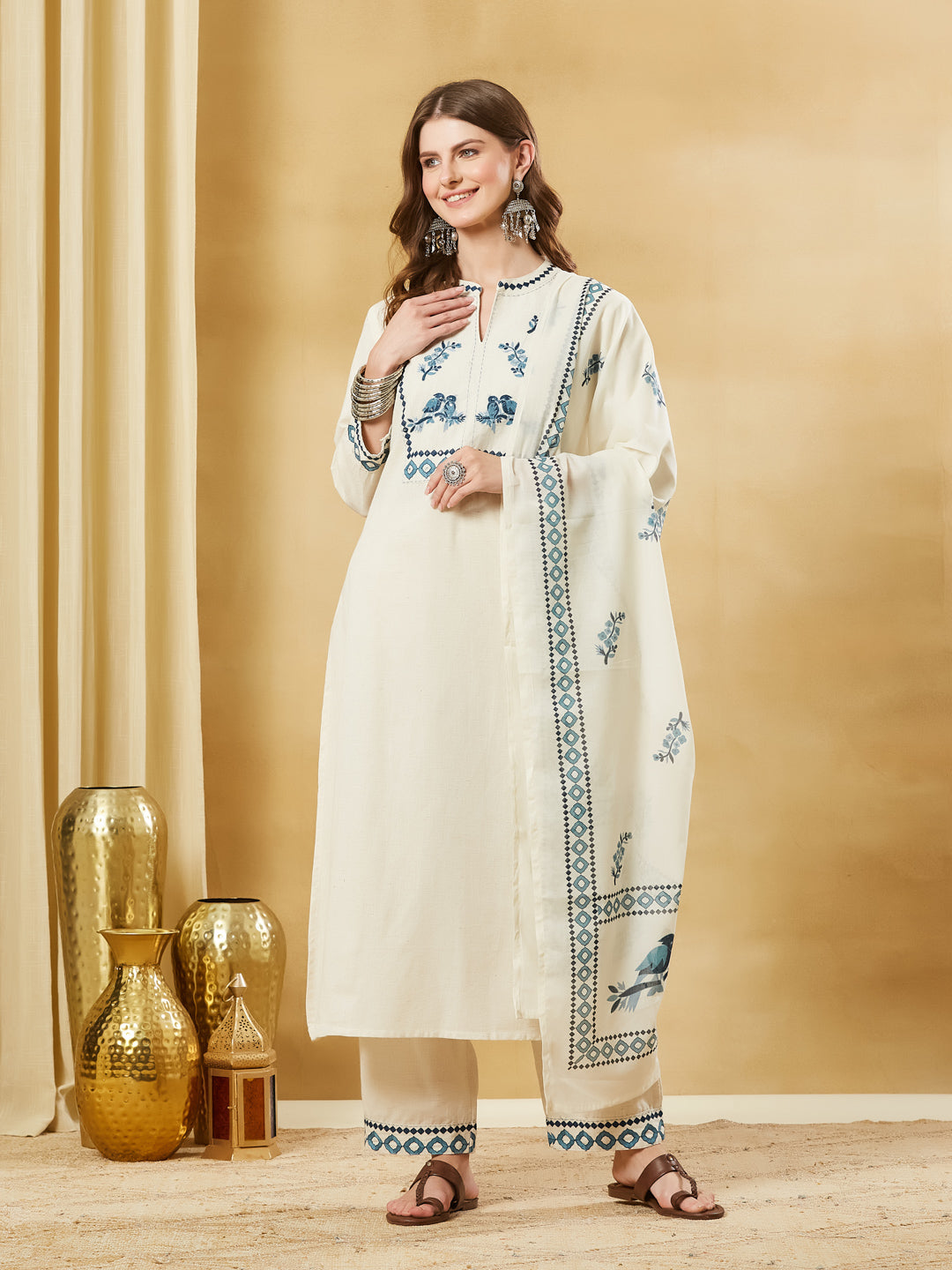 Off White Blue Embroidary Cotton Kurta Pant Set
