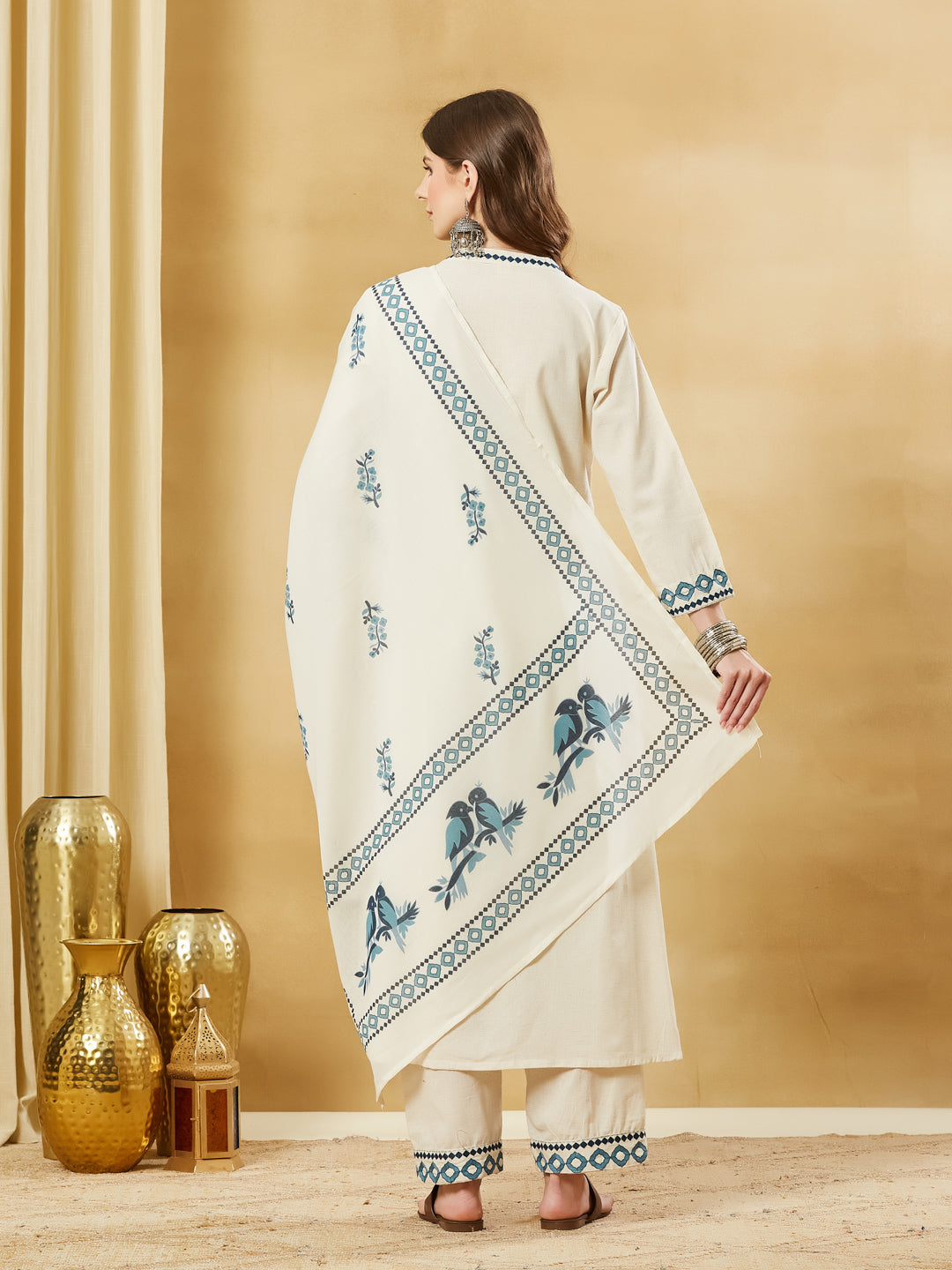 Off White Blue Embroidary Cotton Kurta Pant Set