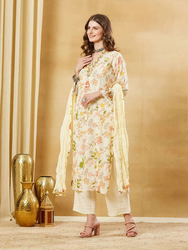 White Cotton Kurta Pant Set With Dupatta