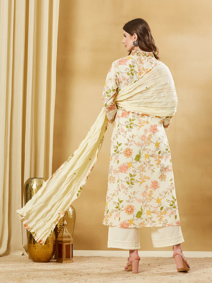 White Cotton Kurta Pant Set With Dupatta