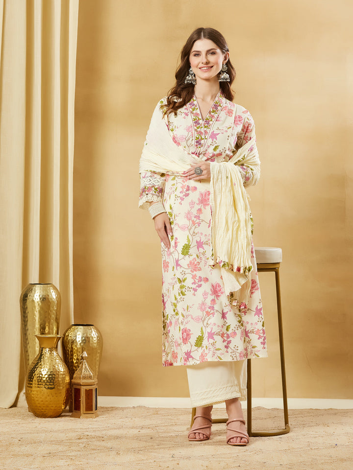White A-Line Cotton Kurta Pant Set With Dupatta