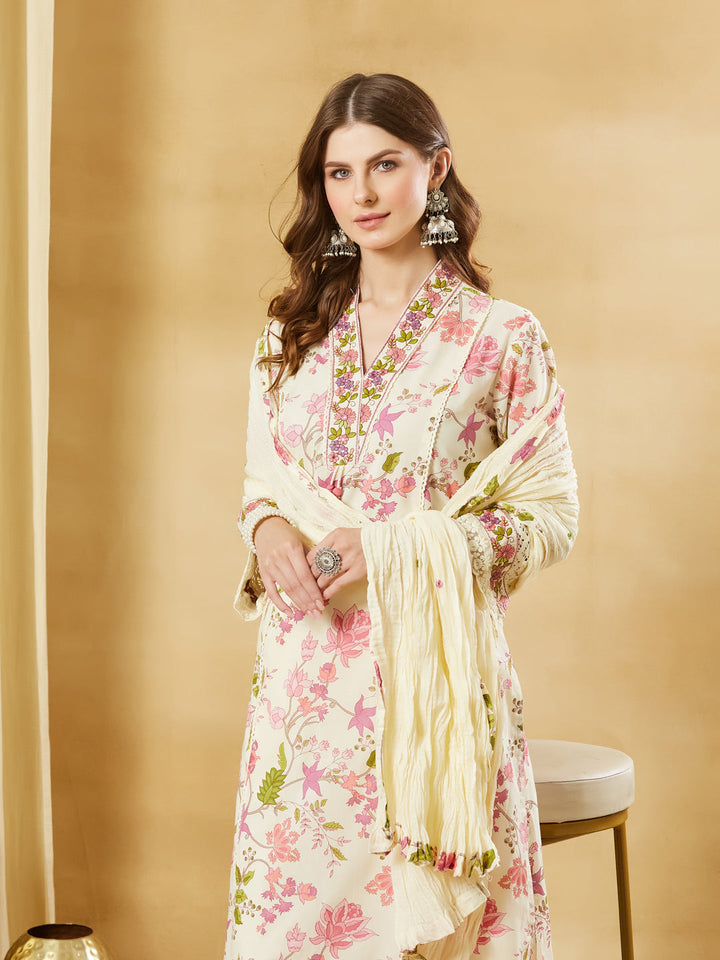 White A-Line Cotton Kurta Pant Set With Dupatta