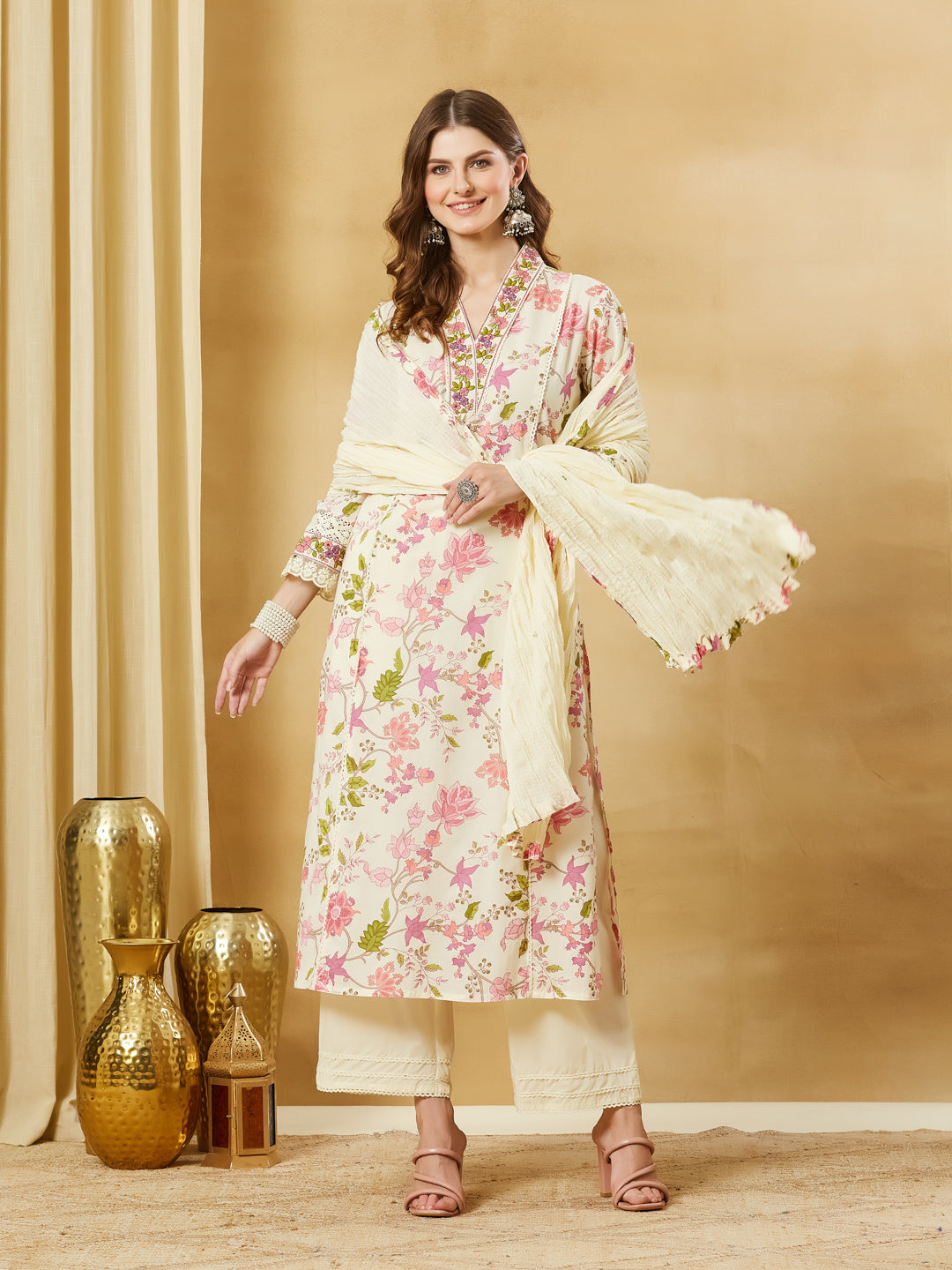 White A-Line Cotton Kurta Pant Set With Dupatta