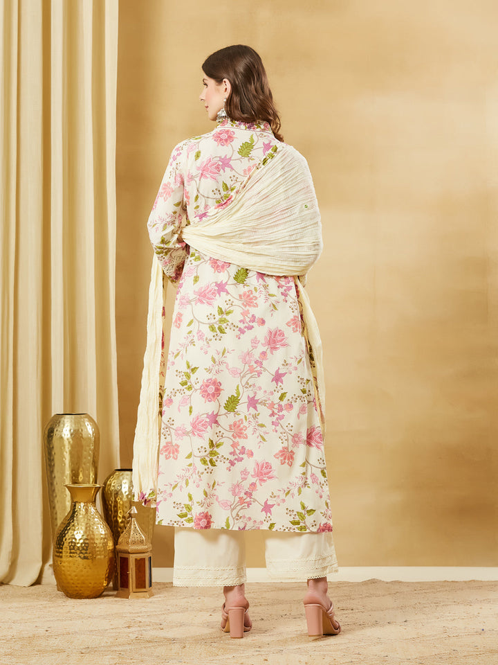 White A-Line Cotton Kurta Pant Set With Dupatta