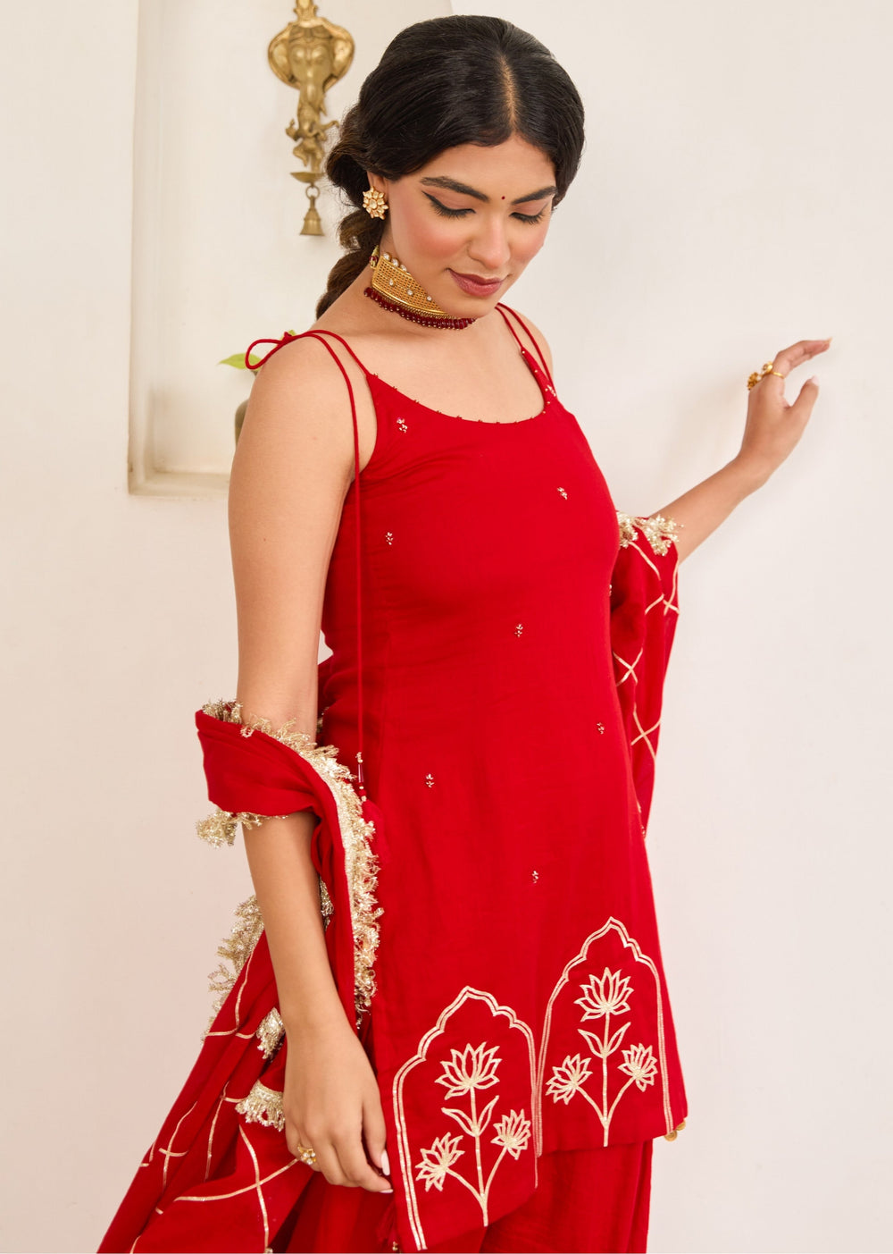Kumkum-Red-Mulmul-Strappy-Kurta-With-Farshi-Shalwar-Set