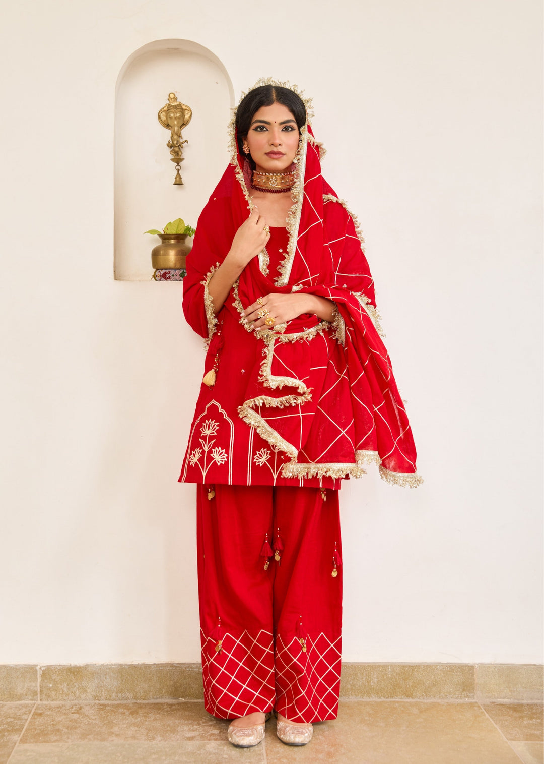 Kumkum-Red-Mulmul-Strappy-Kurta-With-Farshi-Shalwar-Set