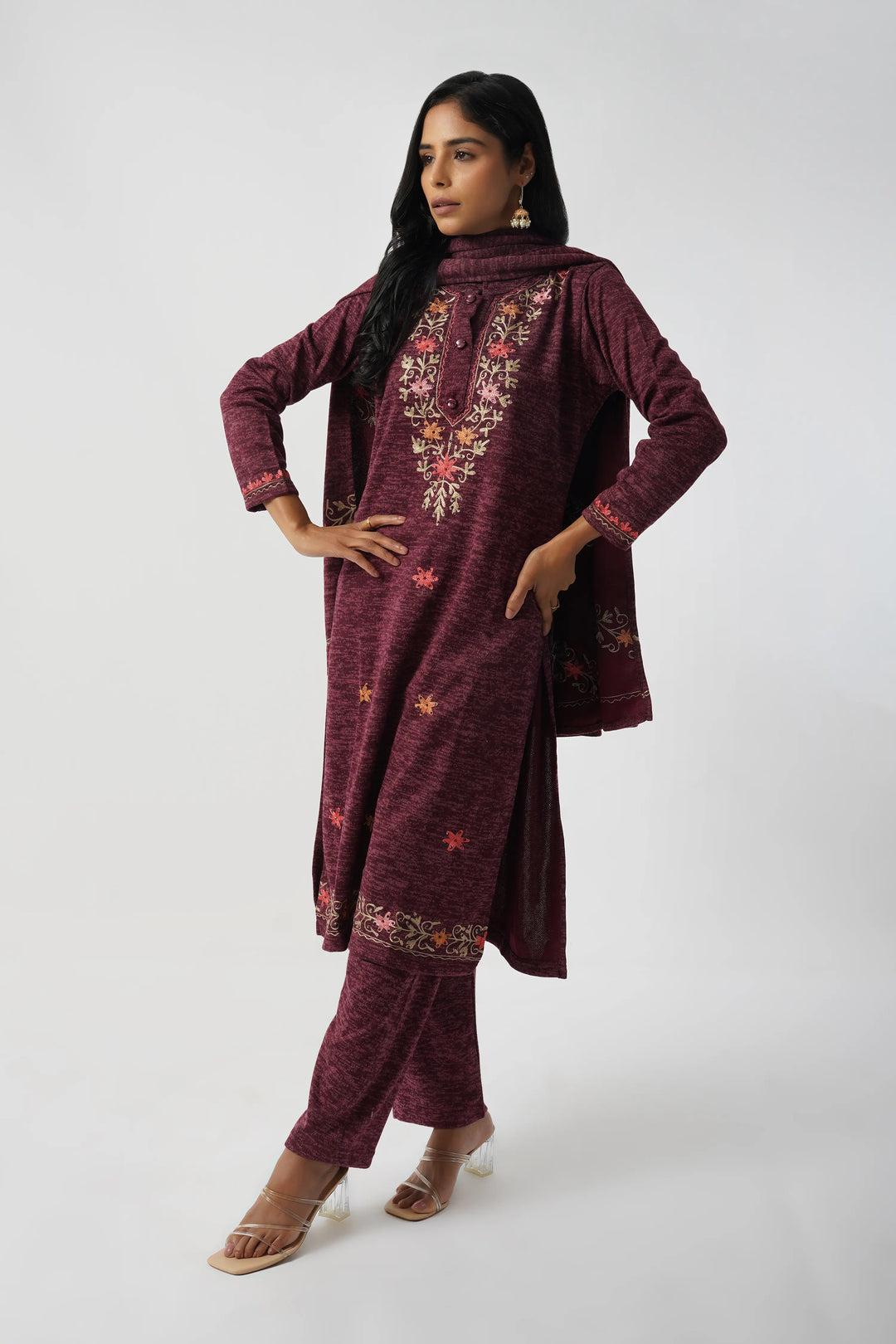 Blush Pink Karachi Wool Hand Embroidery Suit Set