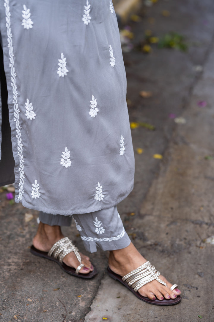 Grey Rayon Chikankari Motif 2-Piece Kurta Set