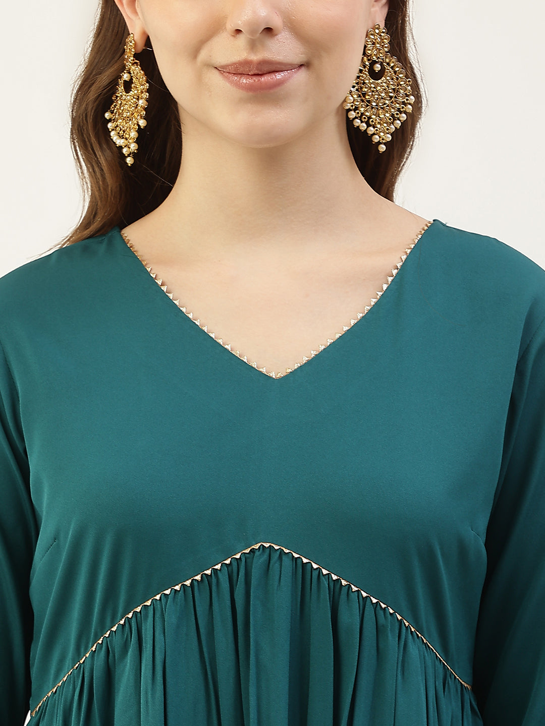 Teal-Green-Crepe-Gathered-Flared-3-Piece-Kurta-Set