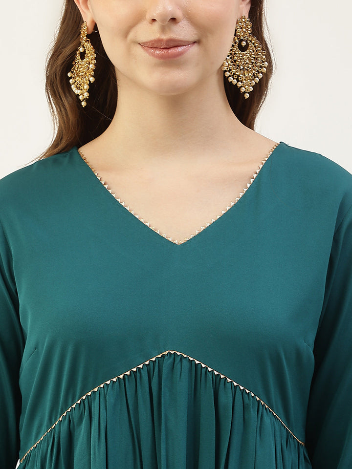 Teal-Green-Crepe-Gathered-Flared-3-Piece-Kurta-Set