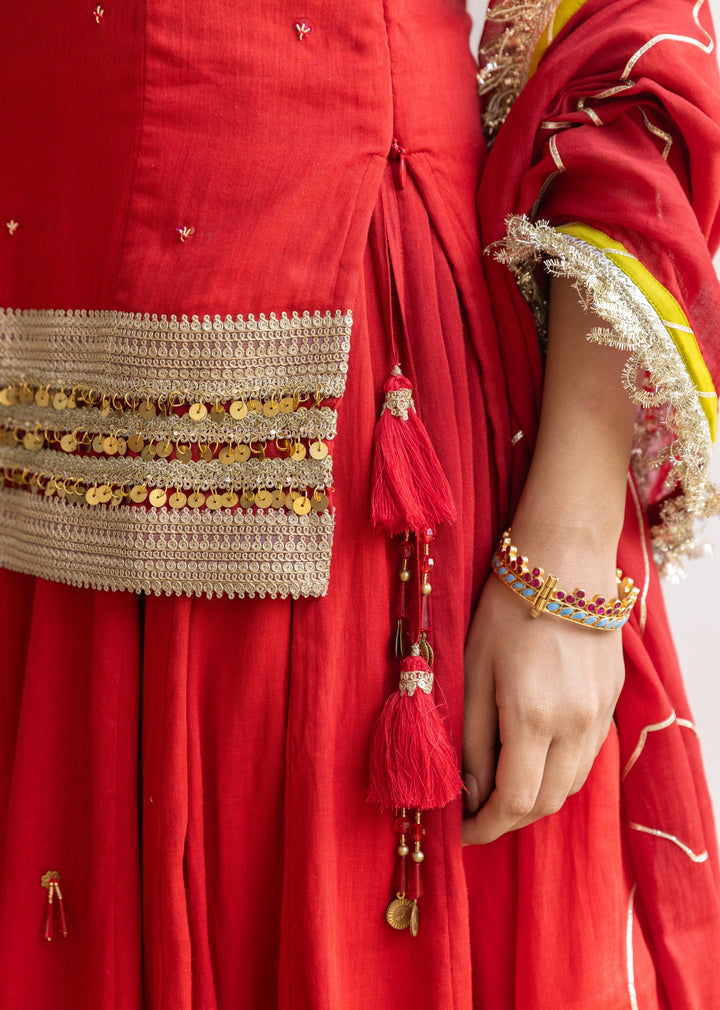 Kumkum-Red-Mulmul-Short-Kurta-With-Skirt