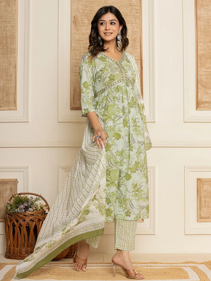 Green-Cotton-Floral-Print-Alia-Cut-3-Piece-Kurta-Set